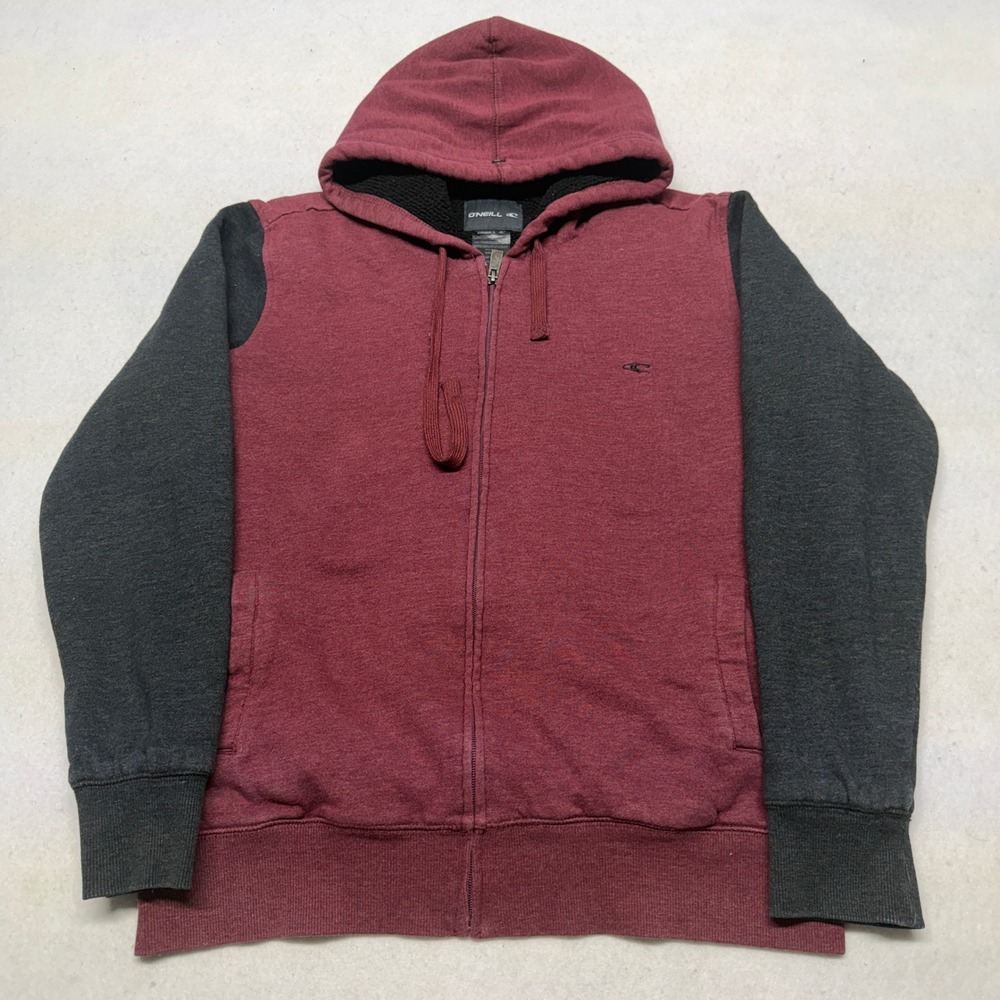 O'Neill Full Zip Hoodie Sherpa Lined Red Charcoal Grey Cotton‎ Surf Mens Small